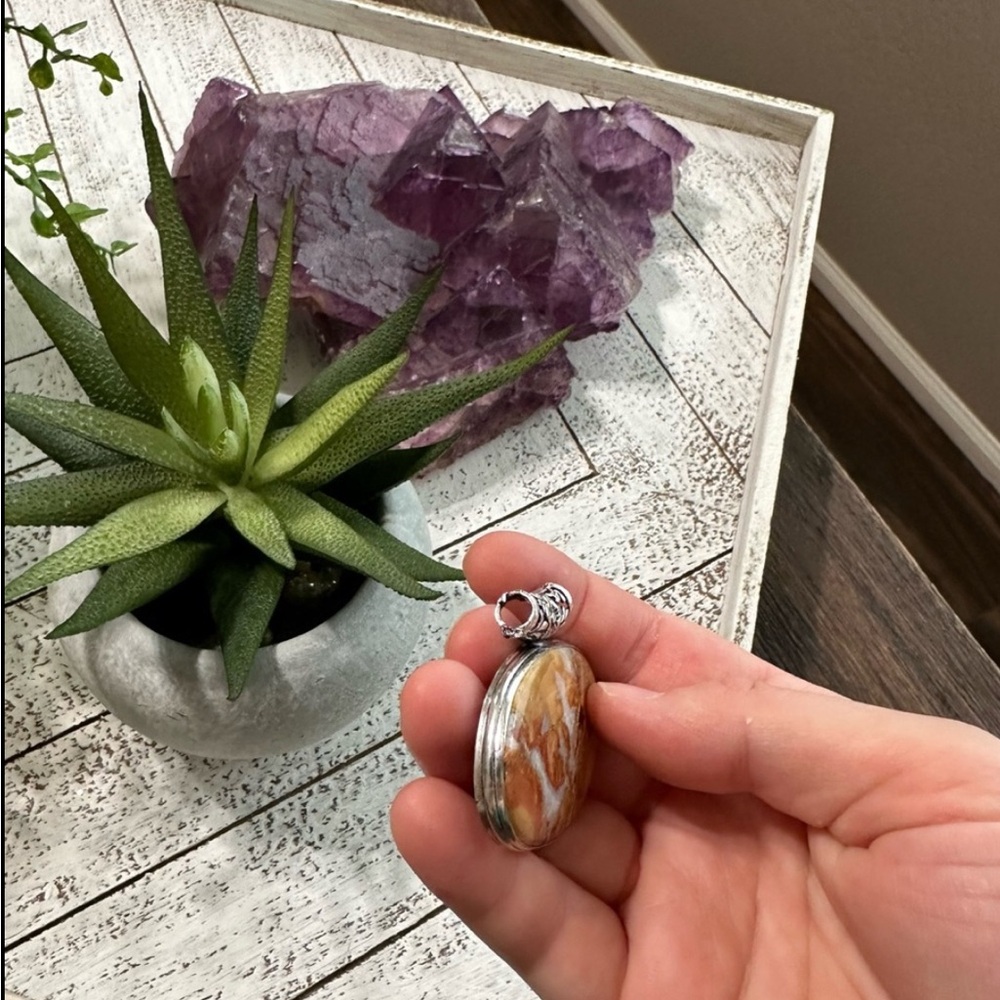 Maligano Jasper Sterling Silver 925 Oval Pendant Orange Red Gray Quartz - Picture 4 of 8